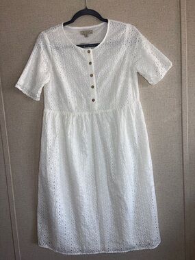 Polagram White Eyelet Dress Small Cottagecore Button Front Prairie Boho Midi